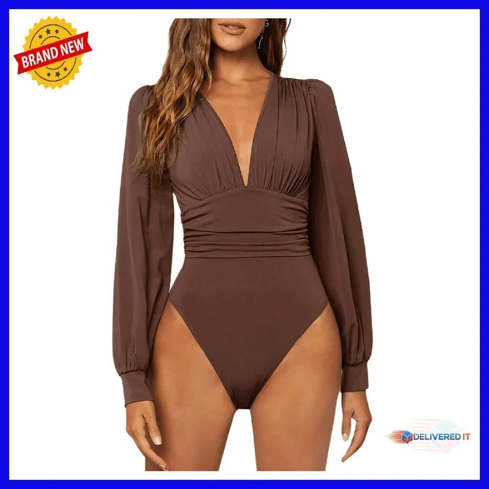 Sexy Ruched Deep V Neck Long Sleeve Bodysuit Plunging Leotard